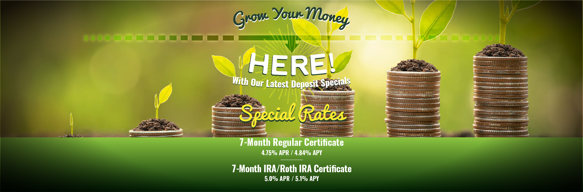 Grow your money here. With our latest deposit specials. 7-Month Regular Certificate 7-Month IRA/Roth IRA Certificate 5.0% APR / 5.1% APY4.75% APR / 4.84% APY